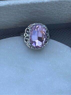 Silver-Tone Pink Oval Crystal Ring